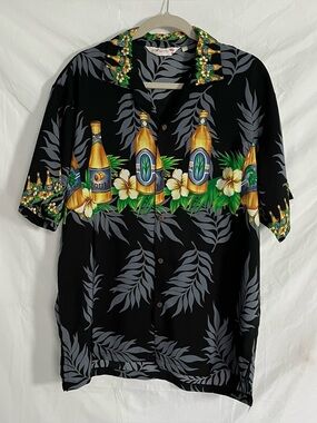 Vintage Uluwatu Bali Hand Made Rayon Beer Bottle Tropical Aloha Shirt L